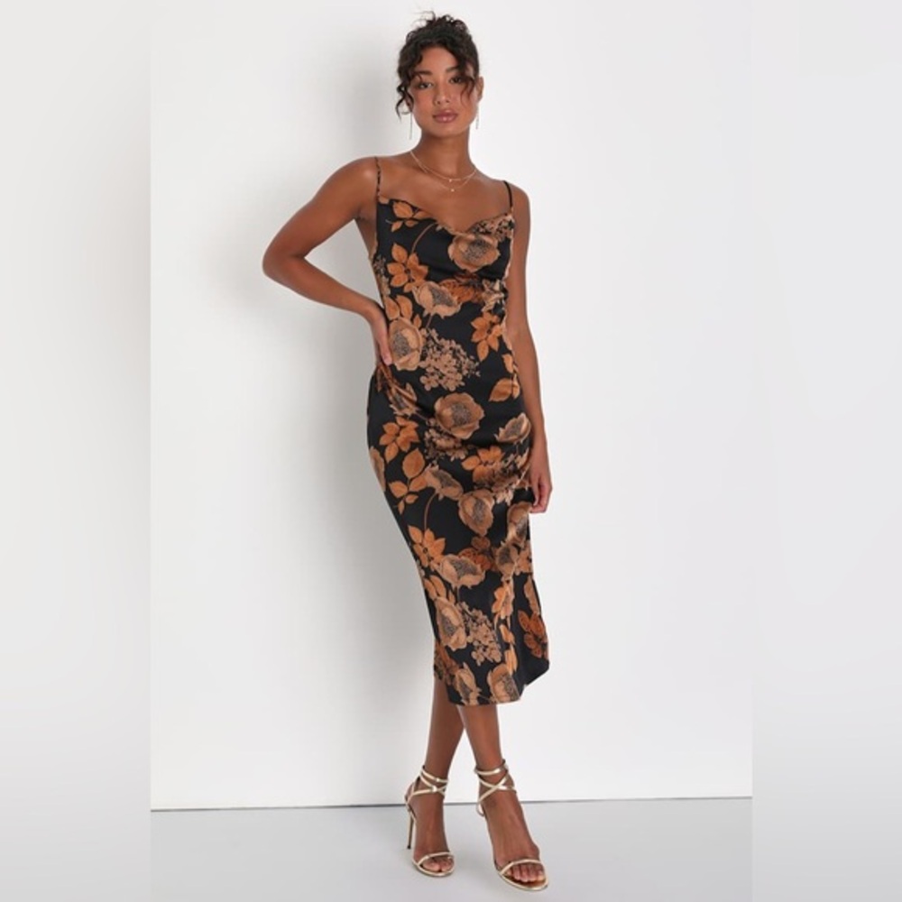 LULU’S FAVORITE ICON FLORAL SATIN COWL NECK SLIP MIDI DRESS